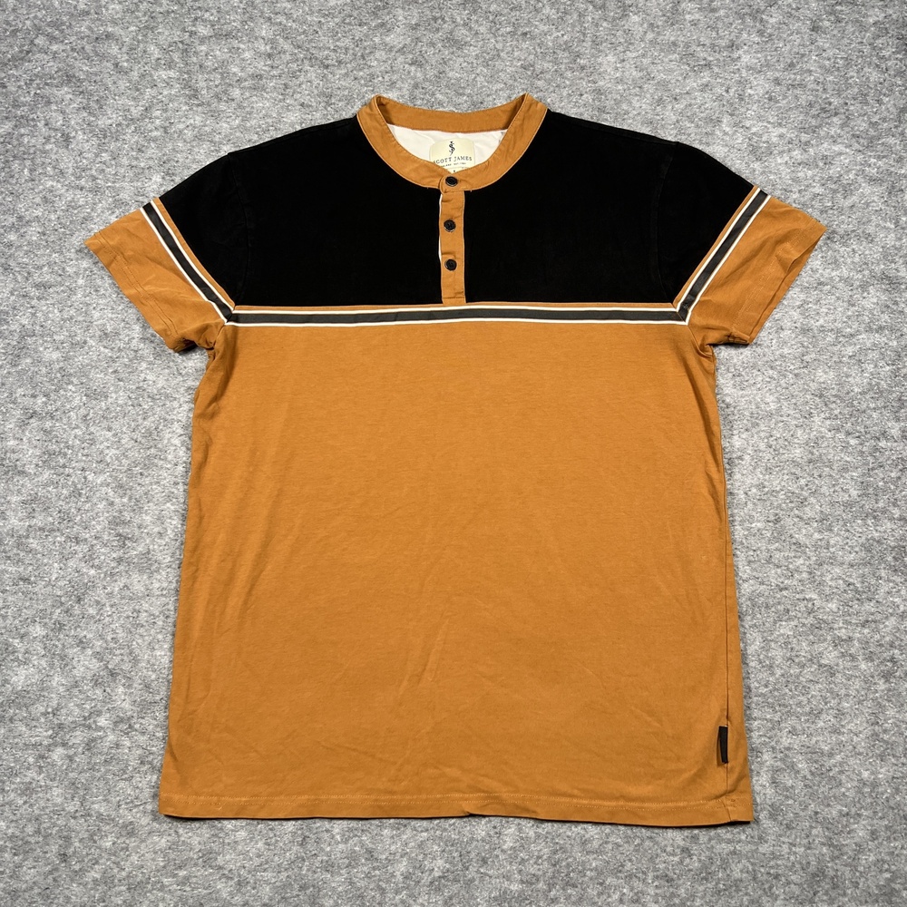 Scott James Shirt Mens L Orange Burnt Brown Henley Colorblock Button Trim Casual
